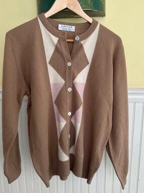 Jaeger 100% Lambswool Cardigan With Geometric Pattern Size 38 Made In Great Brit